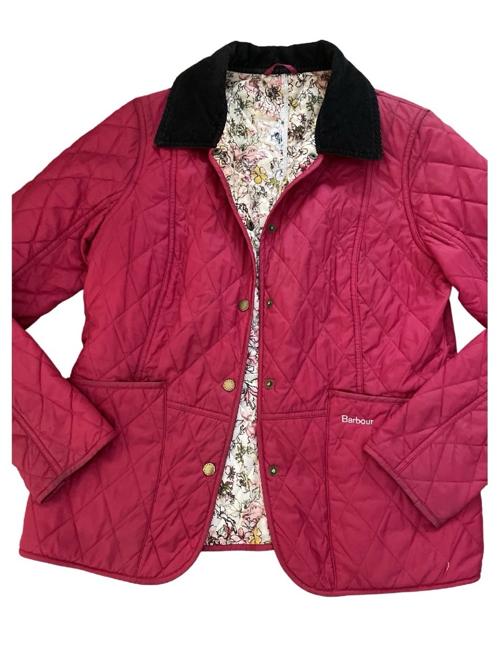 Barbour Country Cottage Pink Quilted Jacket with Black Collar US 8